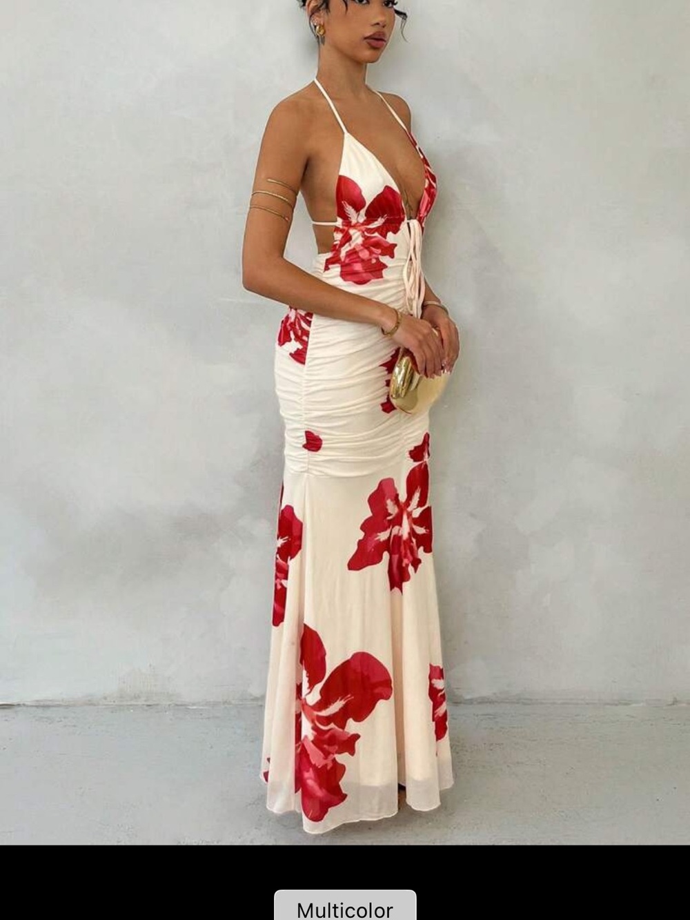 Elegant White Maxi Dress with Red Floral Print